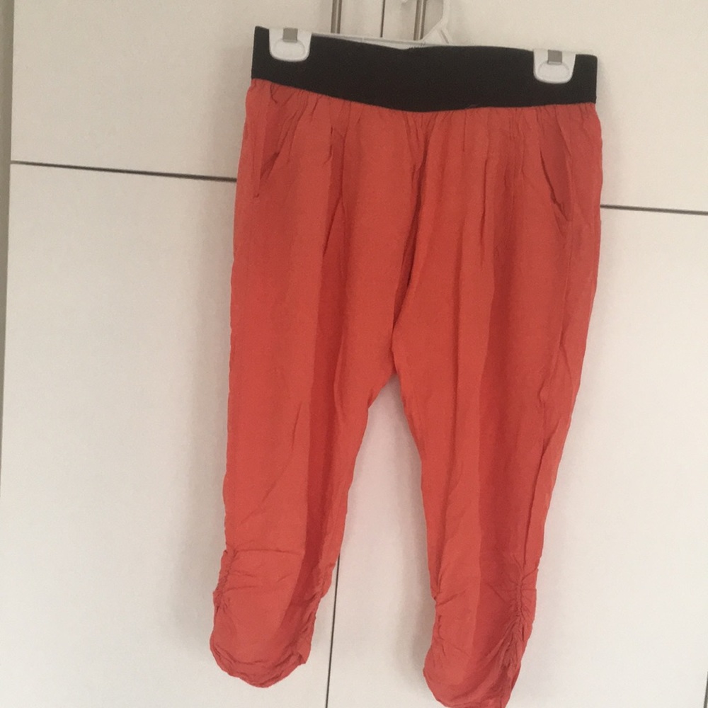 Pink Woman Orange Viscose Relaxed Elastic Waist Scrunched Crop Capri Pants M